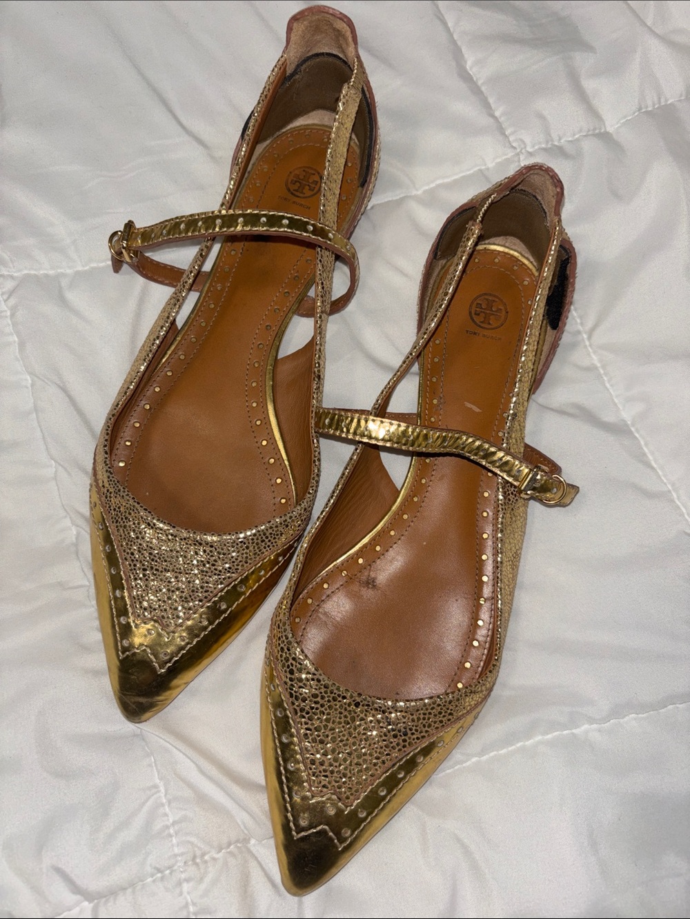 Tory Burch Metallic Gold Pointed Mary Jane Flats